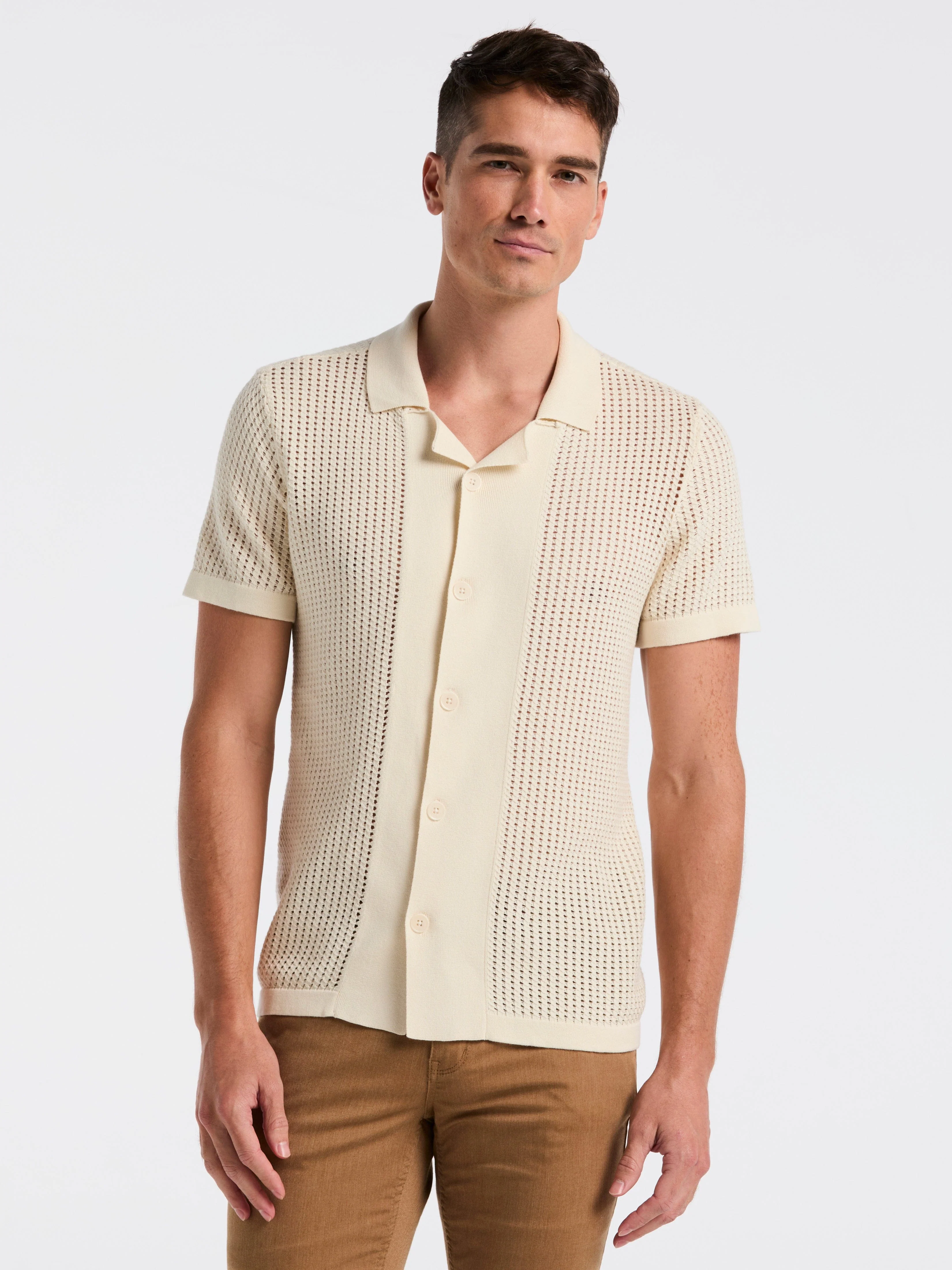 Cotton Jacquard Open Stitch Button Front Sweater - Image 6