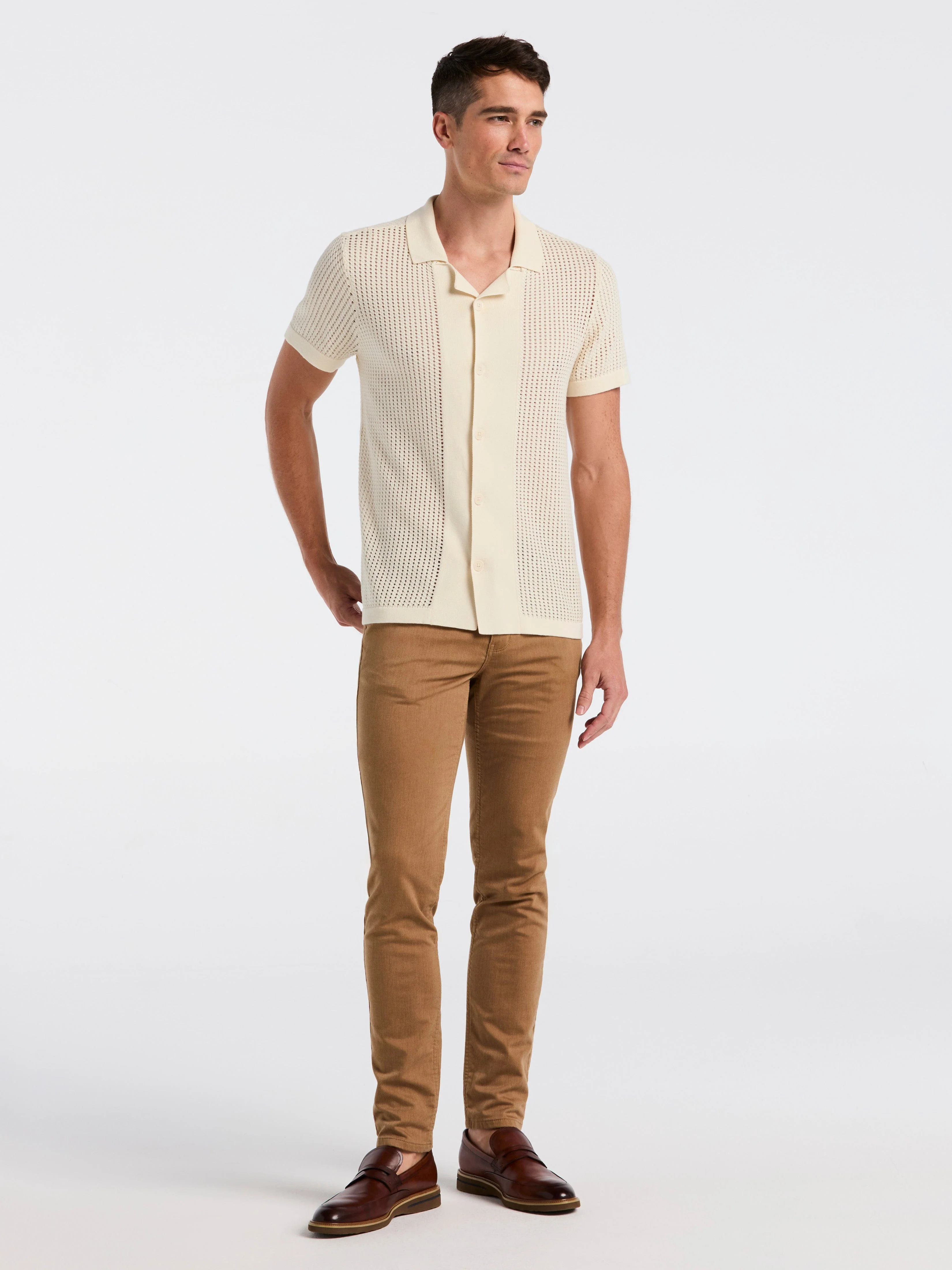 Cotton Jacquard Open Stitch Button Front Sweater - Image 7