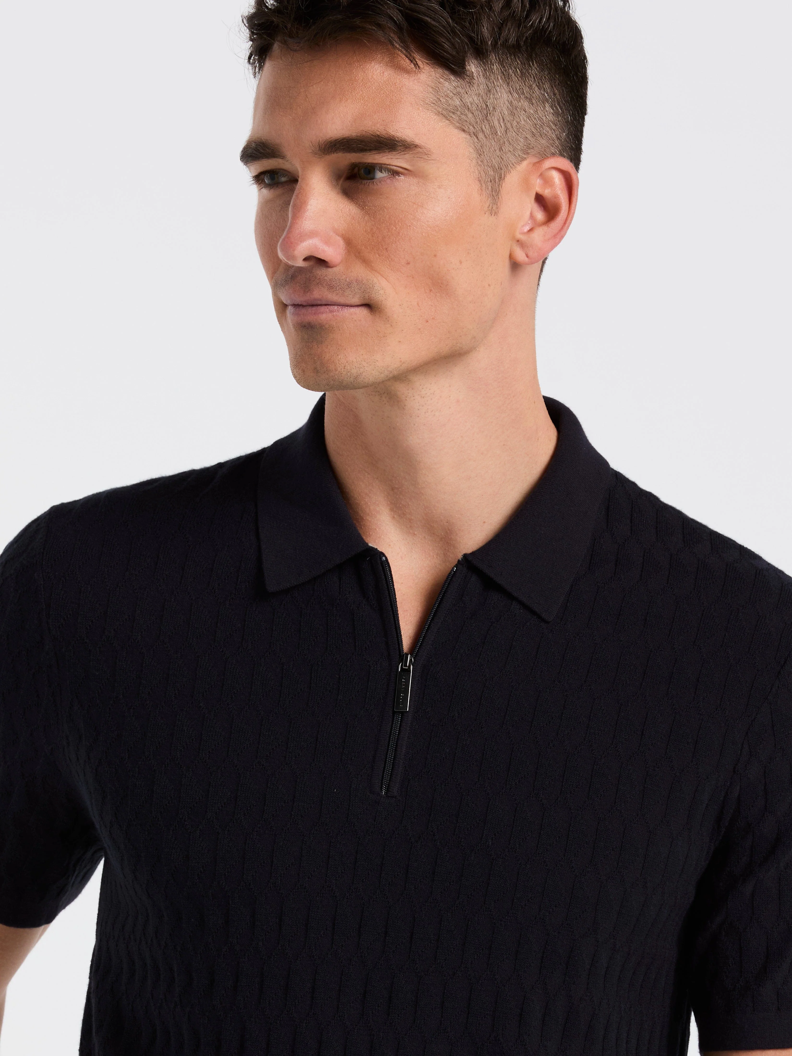 Geometric Pattern Zip Polo Sweater - Image 7