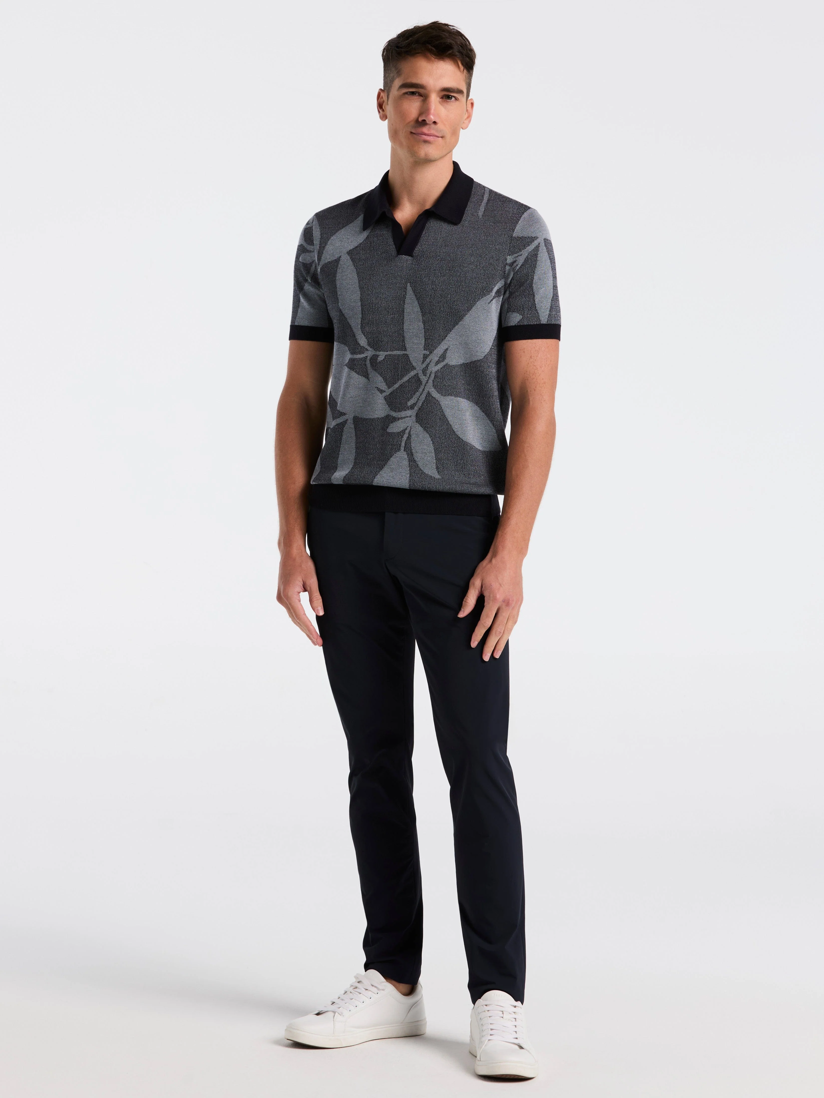 Leaf Print Open Collar Sweater Polo - Image 4