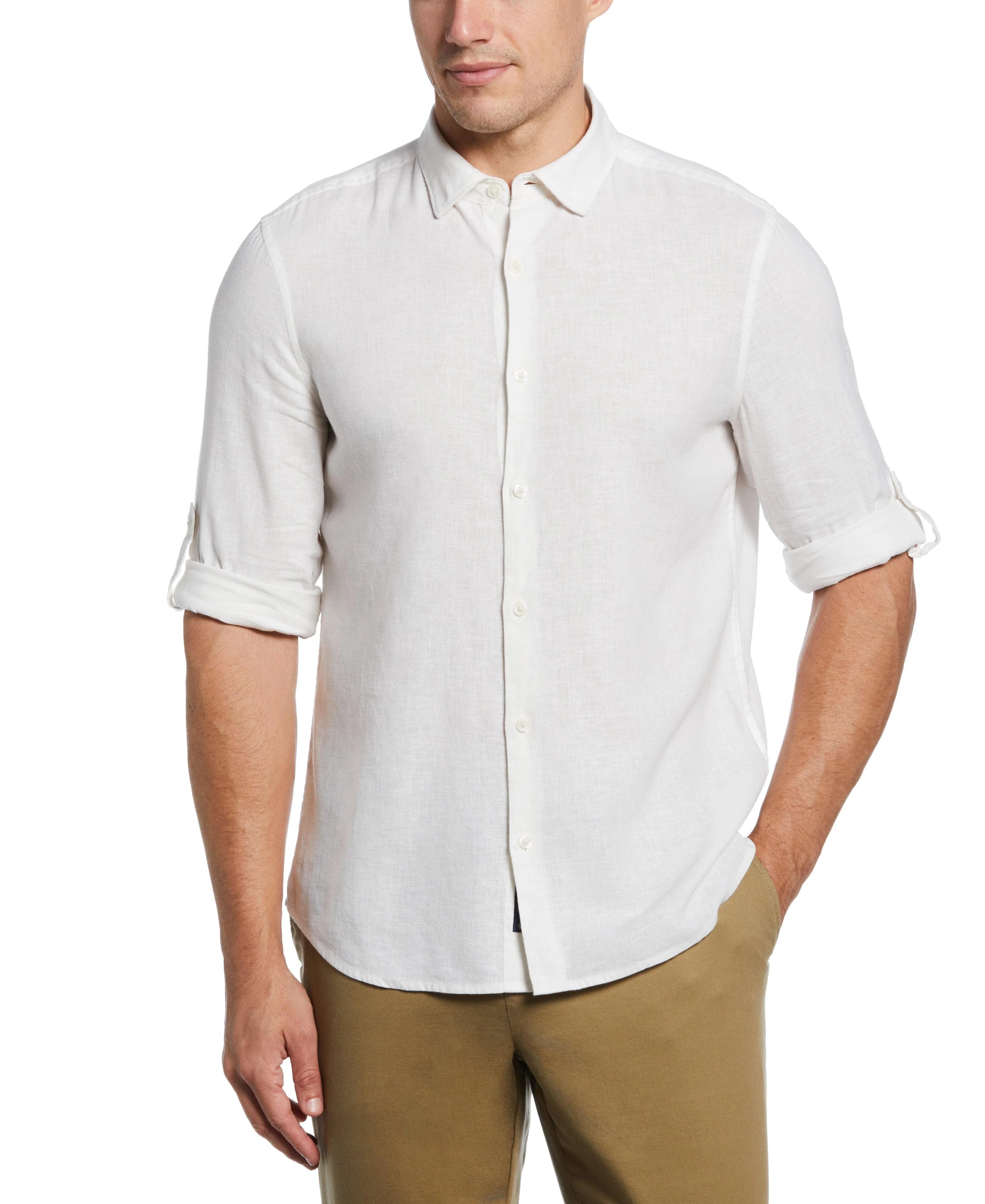Untucked Slim Fit  Linen Blend Rolled Sleeve Shirt - Image 4