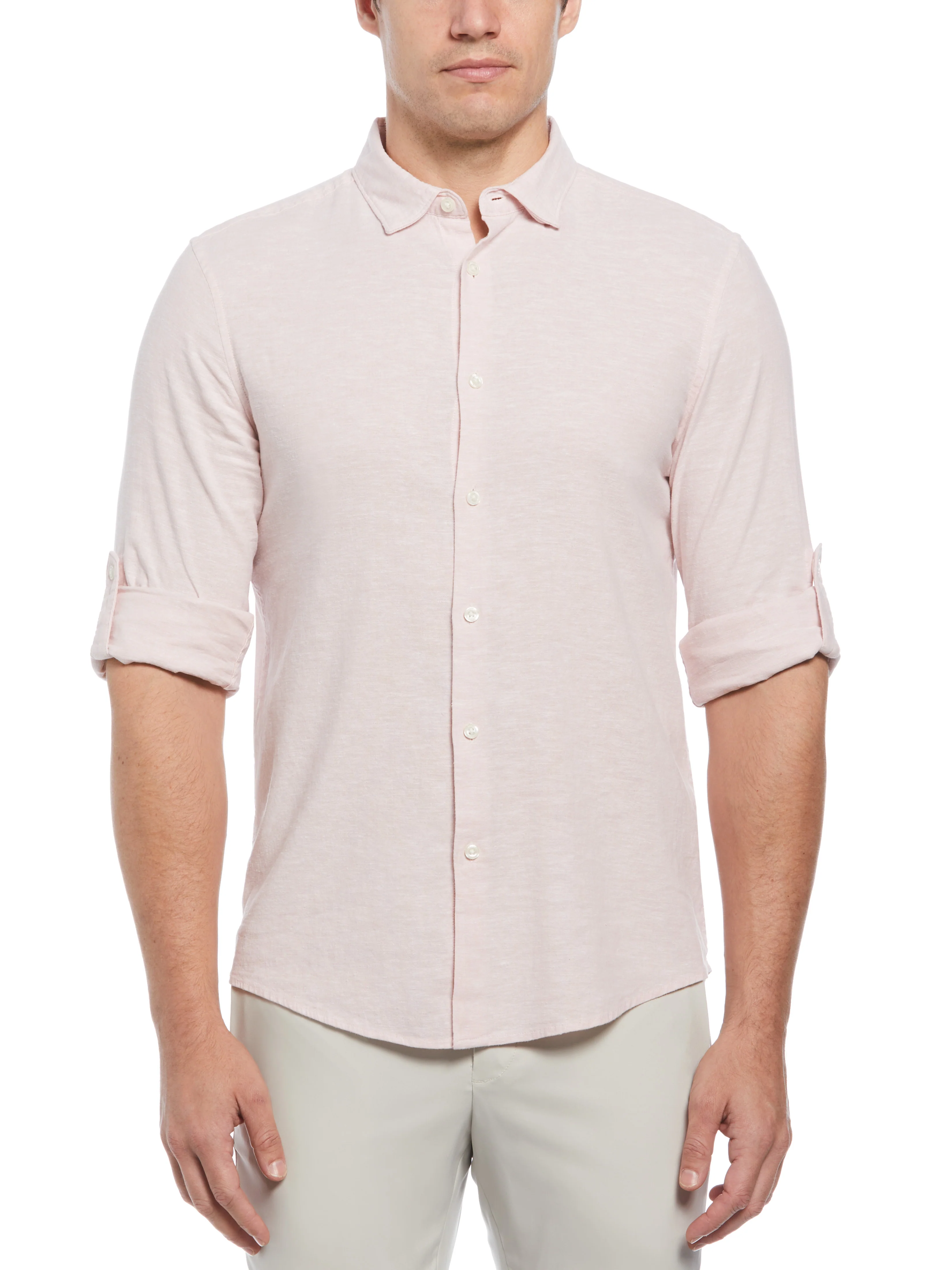 Untucked Slim Fit  Linen Blend Rolled Sleeve Shirt - Image 7